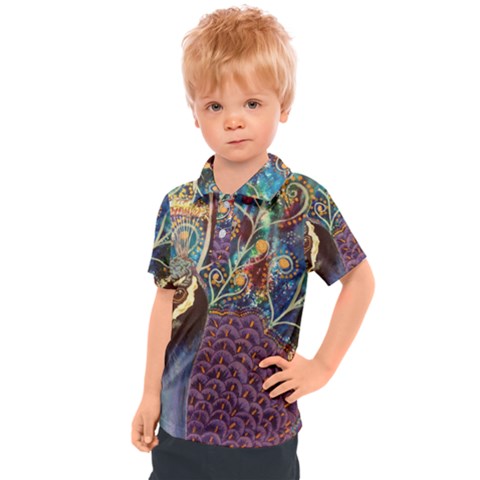 Peacock Mixed Media Bird Animal Kids  Polo Tee by danenraven