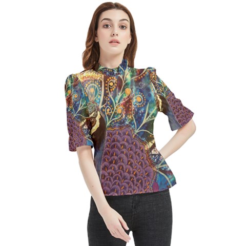 Peacock Mixed Media Bird Animal Frill Neck Blouse by danenraven