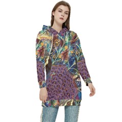 Peacock Mixed Media Bird Animal Women s Long Oversized Pullover Hoodie by danenraven