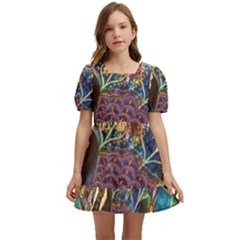 Peacock Mixed Media Bird Animal Kids  Short Sleeve Dolly Dress