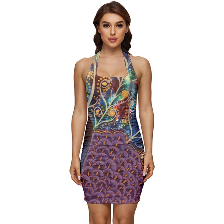 Peacock Mixed Media Bird Animal Sleeveless Wide Square Neckline Ruched Bodycon Dress