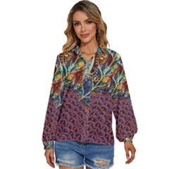 Peacock Mixed Media Bird Animal Women s Long Sleeve Button Down Shirt