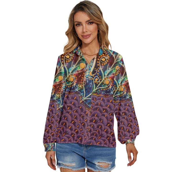 Peacock Mixed Media Bird Animal Women s Long Sleeve Button Down Shirt