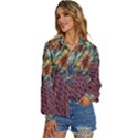 Peacock Mixed Media Bird Animal Women s Long Sleeve Button Down Shirt View2