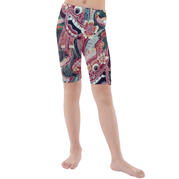 Indonesia Bali Batik Fabric Impression Patterns Kids  Mid Length Swim Shorts