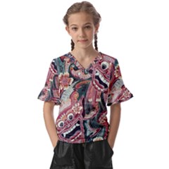 Indonesia Bali Batik Fabric Impression Patterns Kids  V-neck Horn Sleeve Blouse