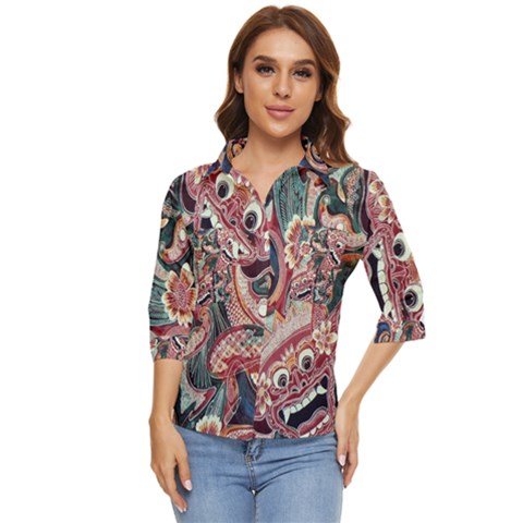 Indonesia Bali Batik Fabric Impression Patterns Women s Quarter Sleeve Pocket Shirt by danenraven