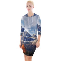 Dolomites Mountains Alps Alpine Trees Conifers Quarter Sleeve Hood Bodycon Dress by danenraven