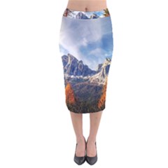 Dolomites Mountains Alps Alpine Trees Conifers Velvet Midi Pencil Skirt by danenraven