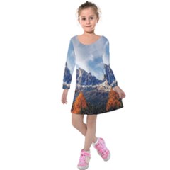 Dolomites Mountains Alps Alpine Trees Conifers Kids  Long Sleeve Velvet Dress by danenraven