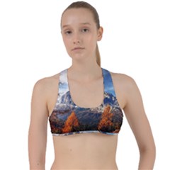 Dolomites Mountains Alps Alpine Trees Conifers Criss Cross Racerback Sports Bra by danenraven