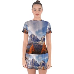 Dolomites Mountains Alps Alpine Trees Conifers Drop Hem Mini Chiffon Dress by danenraven