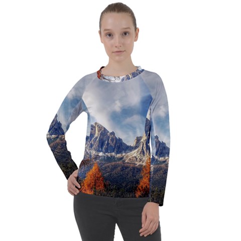 Dolomites Mountains Alps Alpine Trees Conifers Women s Long Sleeve Raglan Tee by danenraven