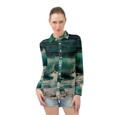 Sea Ocean Waves Seascape Beach Long Sleeve Chiffon Shirt by danenraven