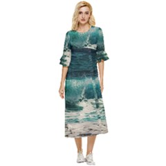 Sea Ocean Waves Seascape Beach Double Cuff Midi Dress