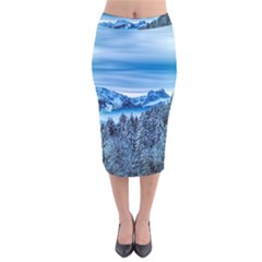 Winter Forest Mountain Snow Nature Alpine Trees Velvet Midi Pencil Skirt by danenraven