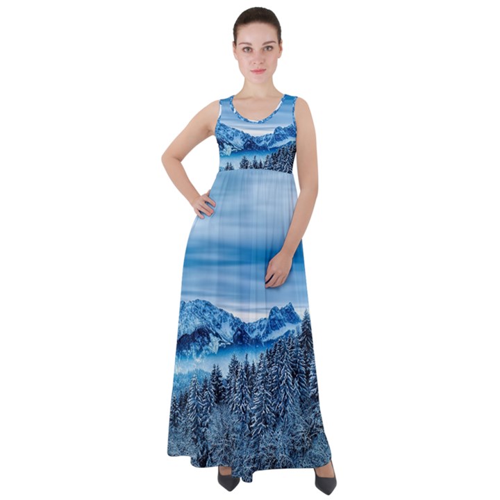 Winter Forest Mountain Snow Nature Alpine Trees Empire Waist Velour Maxi Dress