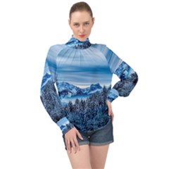 Winter Forest Mountain Snow Nature Alpine Trees High Neck Long Sleeve Chiffon Top by danenraven