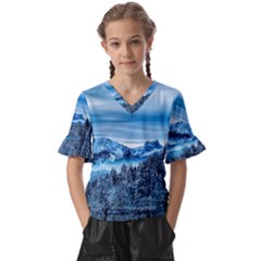 Winter Forest Mountain Snow Nature Alpine Trees Kids  V-neck Horn Sleeve Blouse