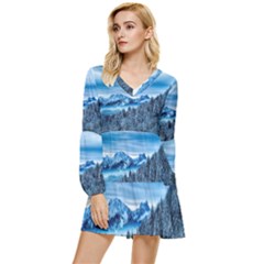 Winter Forest Mountain Snow Nature Alpine Trees Tiered Long Sleeve Mini Dress