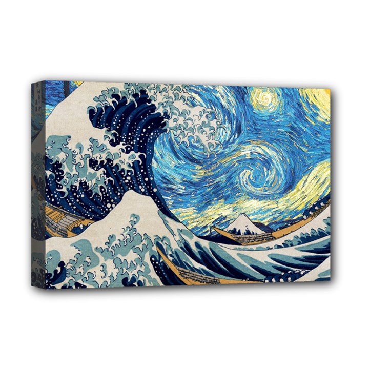 The Great Wave Of Kanagawa Painting Starry Night Vincent Van Gogh Deluxe Canvas 18  x 12  (Stretched)