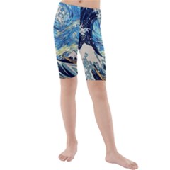 The Great Wave Of Kanagawa Painting Starry Night Vincent Van Gogh Kids  Mid Length Swim Shorts