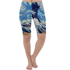 The Great Wave Of Kanagawa Painting Starry Night Vincent Van Gogh Cropped Leggings  by danenraven