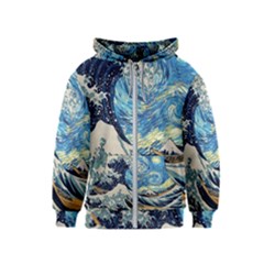 The Great Wave Of Kanagawa Painting Starry Night Vincent Van Gogh Kids  Zipper Hoodie by danenraven