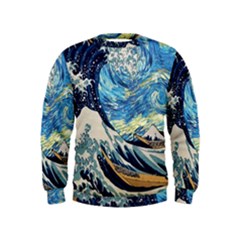 The Great Wave Of Kanagawa Painting Starry Night Vincent Van Gogh Kids  Sweatshirt by danenraven