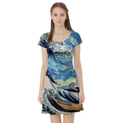 The Great Wave Of Kanagawa Painting Starry Night Vincent Van Gogh Short Sleeve Skater Dress by danenraven