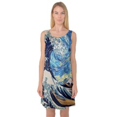 The Great Wave Of Kanagawa Painting Starry Night Vincent Van Gogh Sleeveless Satin Nightdress by danenraven