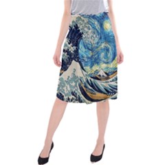 The Great Wave Of Kanagawa Painting Starry Night Vincent Van Gogh Midi Beach Skirt by danenraven