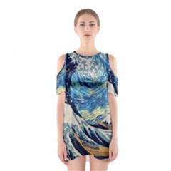 The Great Wave Of Kanagawa Painting Starry Night Vincent Van Gogh Shoulder Cutout One Piece Dress by danenraven