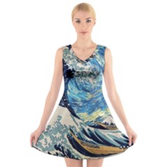 The Great Wave Of Kanagawa Painting Starry Night Vincent Van Gogh V-neck Sleeveless Dress by danenraven