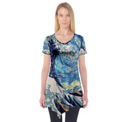 The Great Wave Of Kanagawa Painting Starry Night Vincent Van Gogh Short Sleeve Tunic  by danenraven