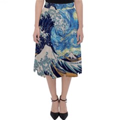 The Great Wave Of Kanagawa Painting Starry Night Vincent Van Gogh Classic Midi Skirt by danenraven