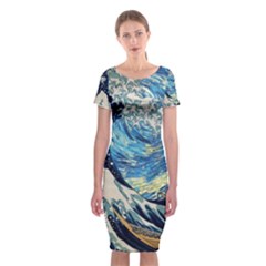 The Great Wave Of Kanagawa Painting Starry Night Vincent Van Gogh Classic Short Sleeve Midi Dress by danenraven