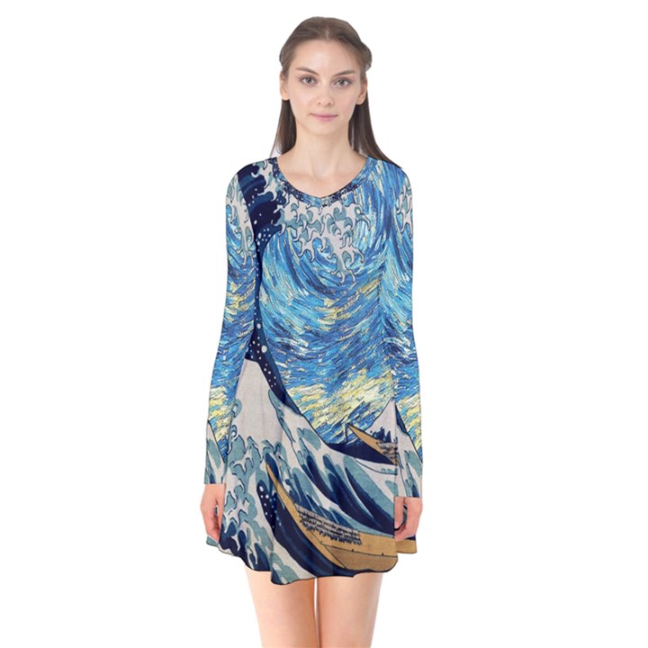 The Great Wave Of Kanagawa Painting Starry Night Vincent Van Gogh Long Sleeve V-neck Flare Dress