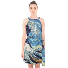 The Great Wave Of Kanagawa Painting Starry Night Vincent Van Gogh Halter Collar Waist Tie Chiffon Dress by danenraven