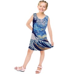 The Great Wave Of Kanagawa Painting Starry Night Vincent Van Gogh Kids  Tunic Dress by danenraven