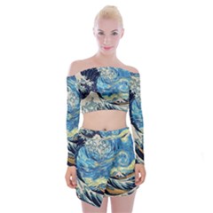 The Great Wave Of Kanagawa Painting Starry Night Vincent Van Gogh Off Shoulder Top With Mini Skirt Set by danenraven