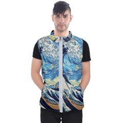 The Great Wave Of Kanagawa Painting Starry Night Vincent Van Gogh Men s Puffer Vest by danenraven