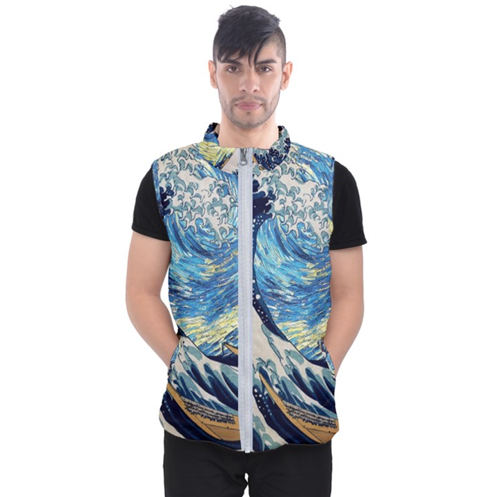 The Great Wave Of Kanagawa Painting Starry Night Vincent Van Gogh Men s Puffer Vest