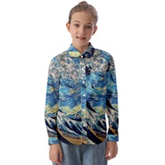 The Great Wave Of Kanagawa Painting Starry Night Vincent Van Gogh Kids  Long Sleeve Shirt by danenraven