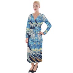 The Great Wave Of Kanagawa Painting Starry Night Vincent Van Gogh Velvet Maxi Wrap Dress by danenraven