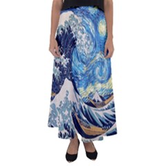 The Great Wave Of Kanagawa Painting Starry Night Vincent Van Gogh Flared Maxi Skirt by danenraven