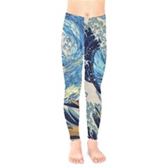 The Great Wave Of Kanagawa Painting Starry Night Vincent Van Gogh Kids  Leggings by danenraven