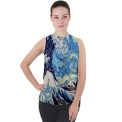 The Great Wave Of Kanagawa Painting Starry Night Vincent Van Gogh Mock Neck Chiffon Sleeveless Top by danenraven