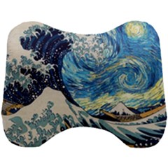 The Great Wave Of Kanagawa Painting Starry Night Vincent Van Gogh Head Support Cushion by danenraven