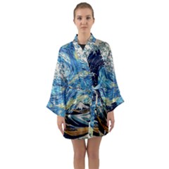 The Great Wave Of Kanagawa Painting Starry Night Vincent Van Gogh Long Sleeve Satin Kimono by danenraven